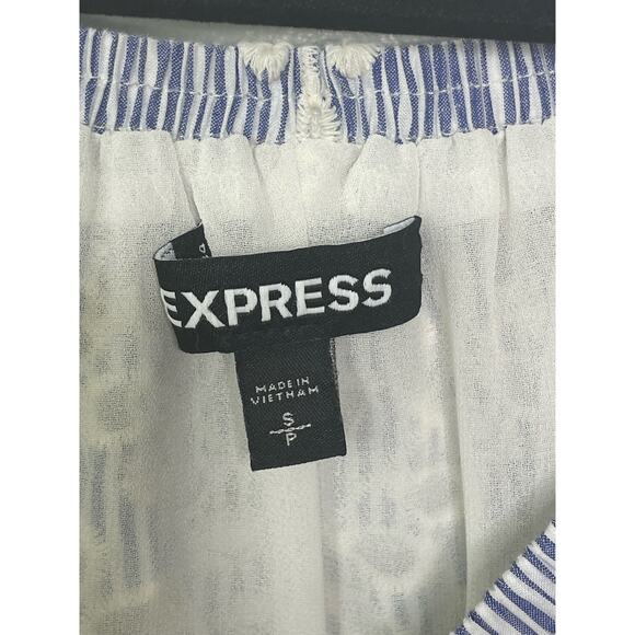 Express Blouse Eyelet Off the Shoulder Striped 3/4 Sleeve Cotton Lined Blue S - Picture 6 of 12